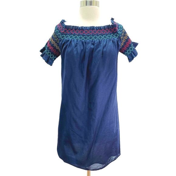 Trina Turk Embroidered Off The Shoulder Smocked Blouse Cotton Indigo Small NWT - Picture 2 of 12